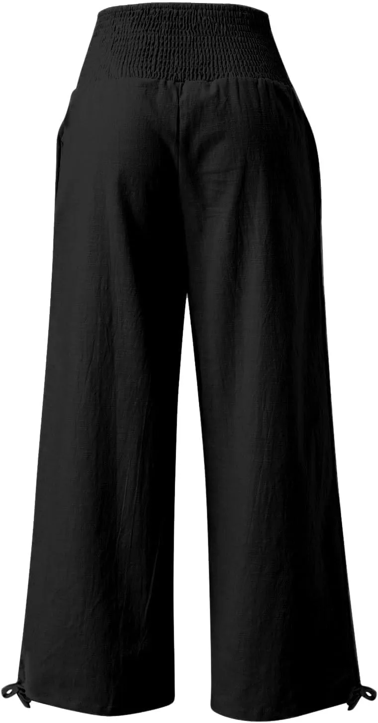 Womens Plus Size Linen Palazzo Pants Casual Summer Wide Leg High Waist Slacks Boho Beach Travel Trousers with Pockets