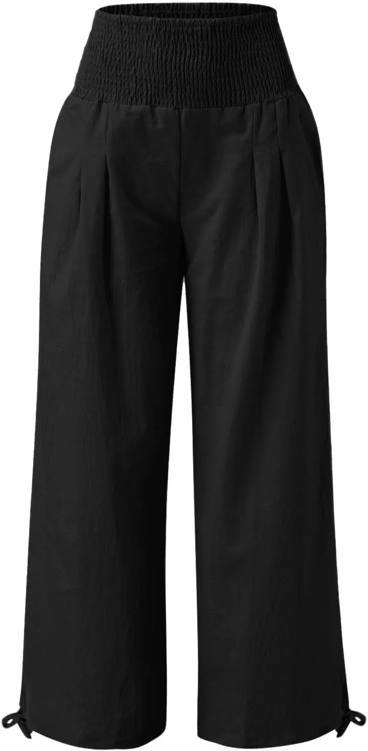 Womens Plus Size Linen Palazzo Pants Casual Summer Wide Leg High Waist Slacks Boho Beach Travel Trousers with Pockets