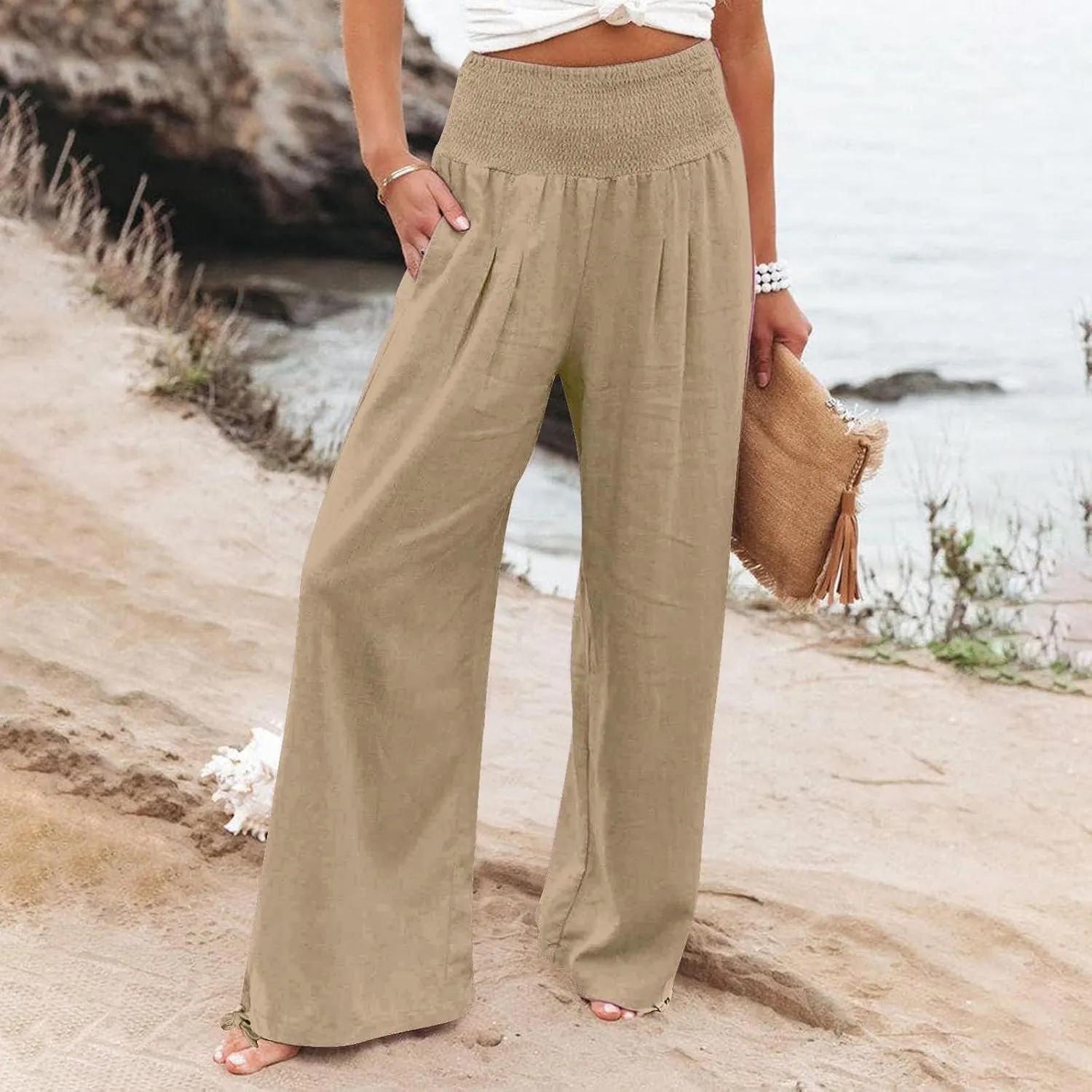 Womens Plus Size Linen Palazzo Pants Casual Summer Wide Leg High Waist Slacks Boho Beach Travel Trousers with Pockets