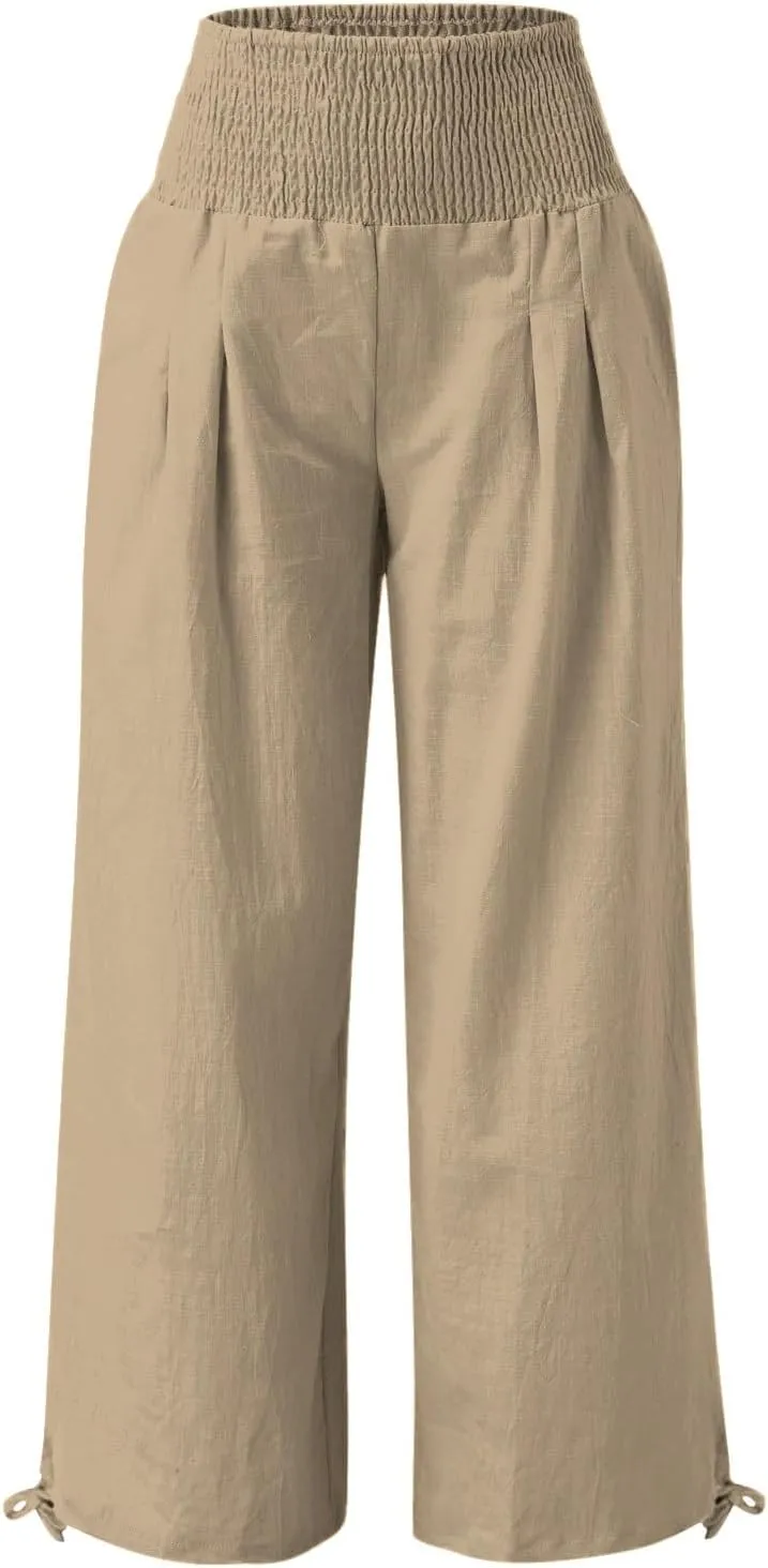 Womens Plus Size Linen Palazzo Pants Casual Summer Wide Leg High Waist Slacks Boho Beach Travel Trousers with Pockets