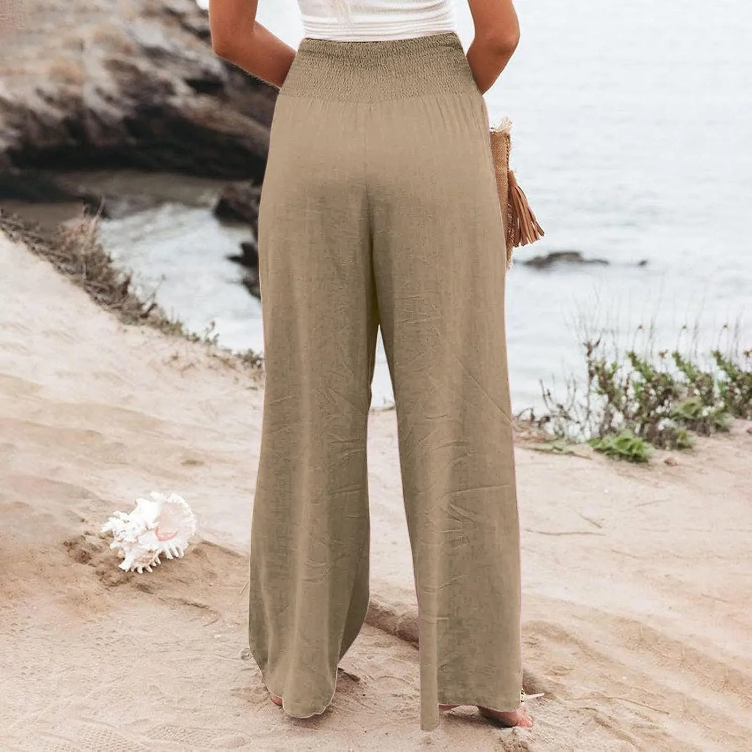 Womens Plus Size Linen Palazzo Pants Casual Summer Wide Leg High Waist Slacks Boho Beach Travel Trousers with Pockets