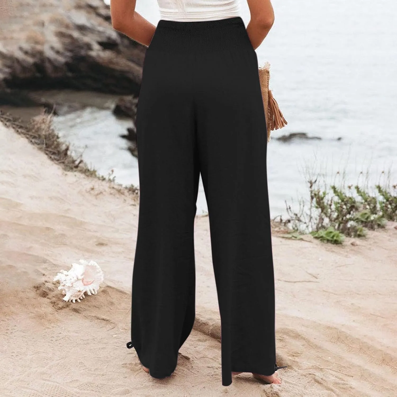 Womens Plus Size Linen Palazzo Pants Casual Summer Wide Leg High Waist Slacks Boho Beach Travel Trousers with Pockets
