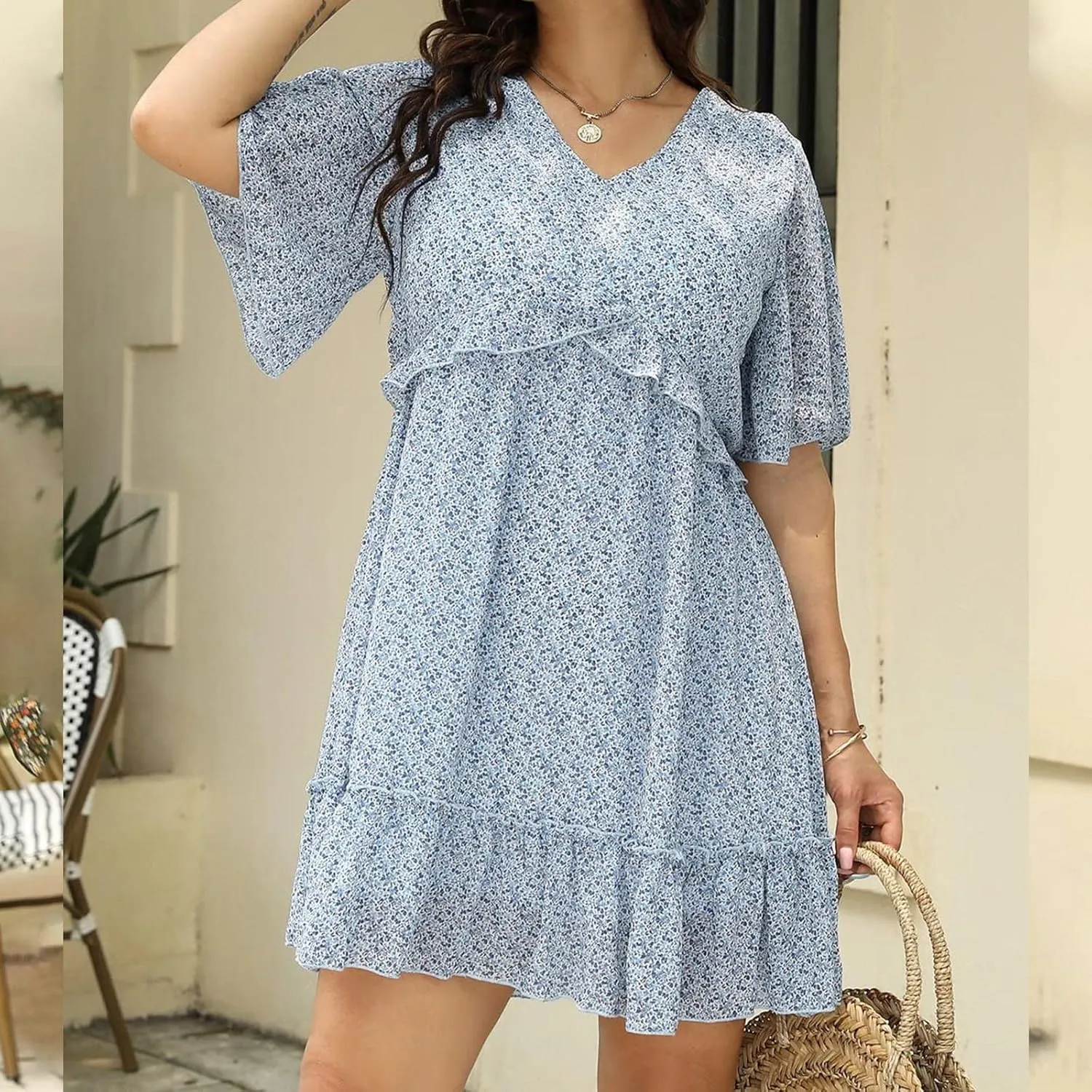 Women's Plus Size Summer Mini Dress with Ditsy Floral Print Ruffle Detail Floral Print Ruffle Mini Flowy Dress