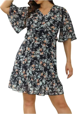 Women's Plus Size Summer Mini Dress with Ditsy Floral Print Ruffle Detail Floral Print Ruffle Mini Flowy Dress