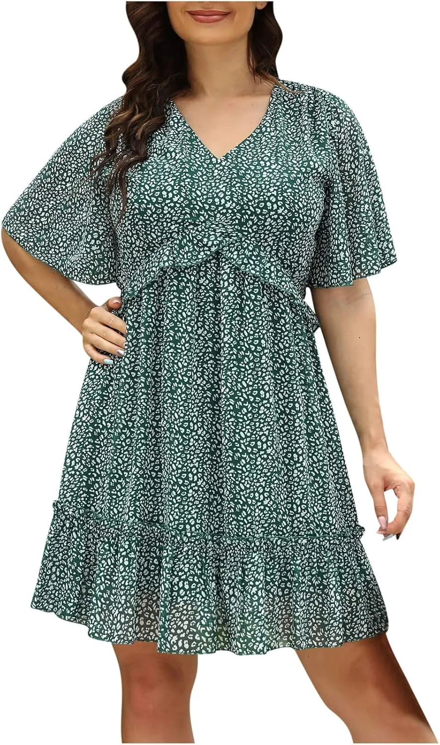 Women's Plus Size Summer Mini Dress with Ditsy Floral Print Ruffle Detail Floral Print Ruffle Mini Flowy Dress