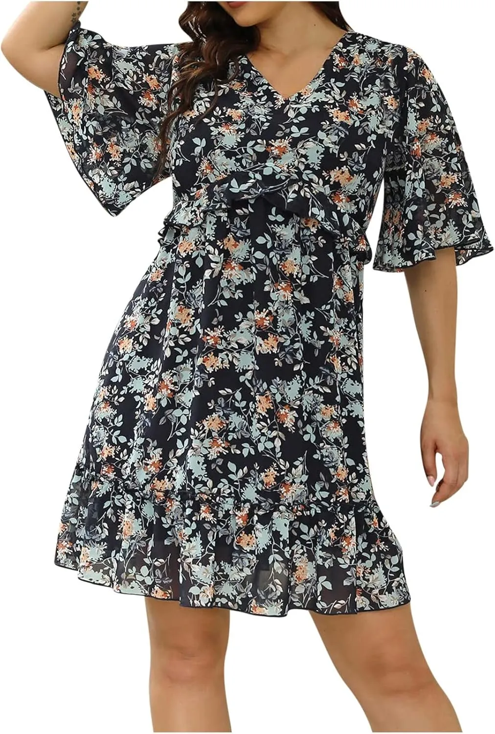 Women's Plus Size Summer Mini Dress with Ditsy Floral Print Ruffle Detail Floral Print Ruffle Mini Flowy Dress
