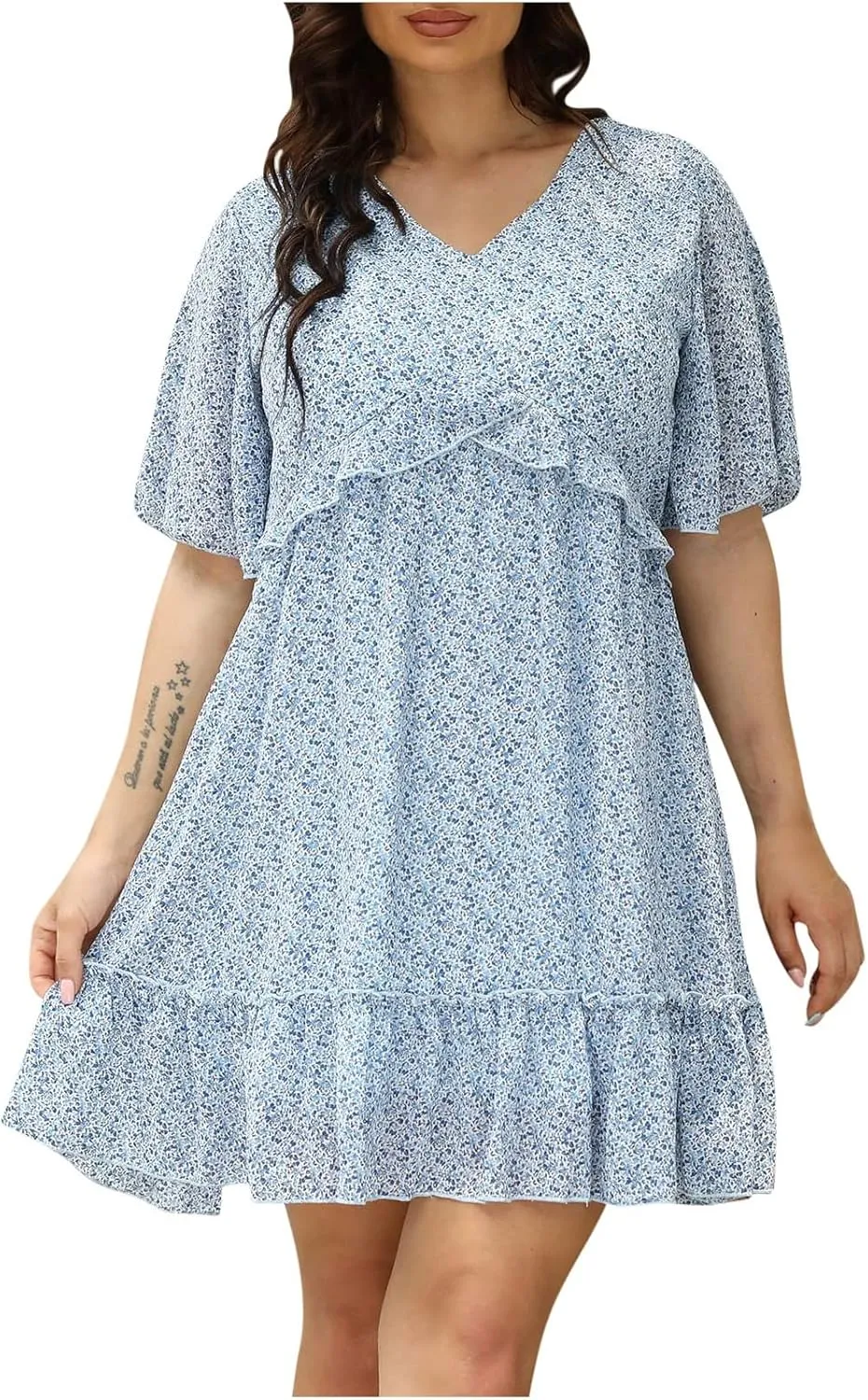 Women's Plus Size Summer Mini Dress with Ditsy Floral Print Ruffle Detail Floral Print Ruffle Mini Flowy Dress