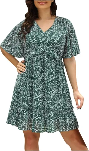 Women's Plus Size Summer Mini Dress with Ditsy Floral Print Ruffle Detail Floral Print Ruffle Mini Flowy Dress