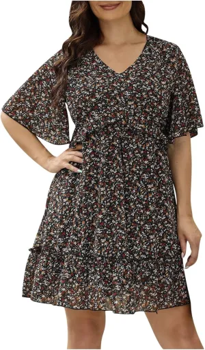 Women's Plus Size Summer Mini Dress with Ditsy Floral Print Ruffle Detail Floral Print Ruffle Mini Flowy Dress