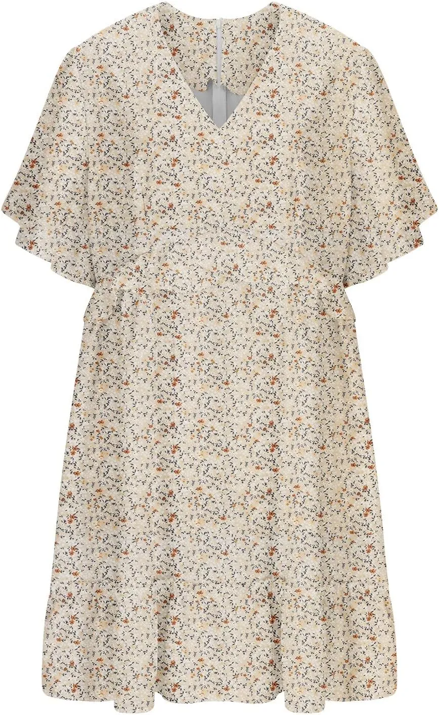 Women's Plus Size Summer Mini Dress with Ditsy Floral Print Ruffle Detail Floral Print Ruffle Mini Flowy Dress