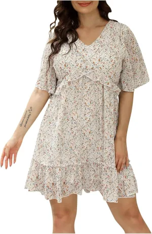 Women's Plus Size Summer Mini Dress with Ditsy Floral Print Ruffle Detail Floral Print Ruffle Mini Flowy Dress