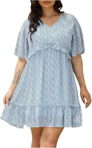 Women's Plus Size Summer Mini Dress with Ditsy Floral Print Ruffle Detail Floral Print Ruffle Mini Flowy Dress