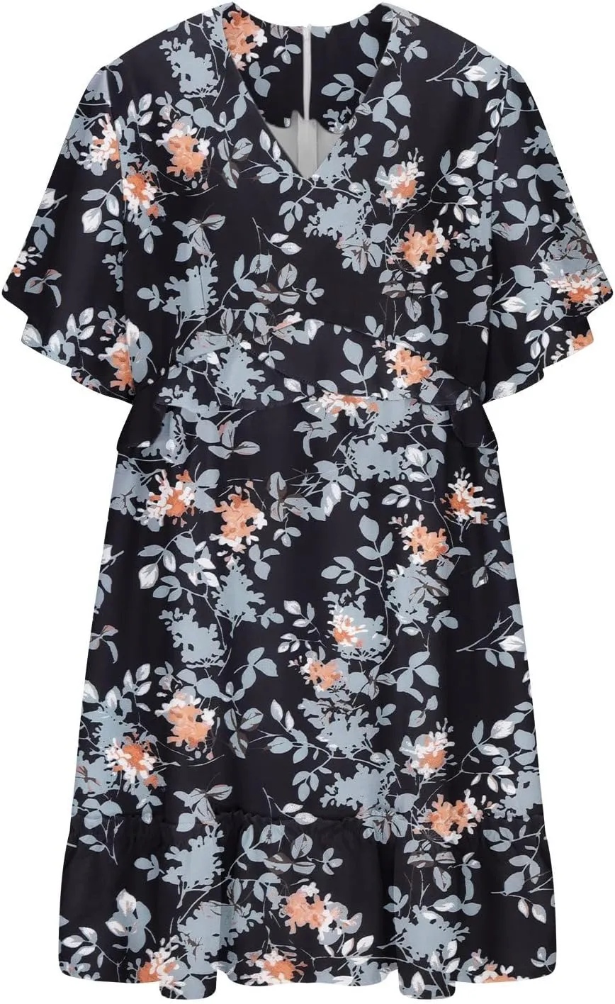 Women's Plus Size Summer Mini Dress with Ditsy Floral Print Ruffle Detail Floral Print Ruffle Mini Flowy Dress