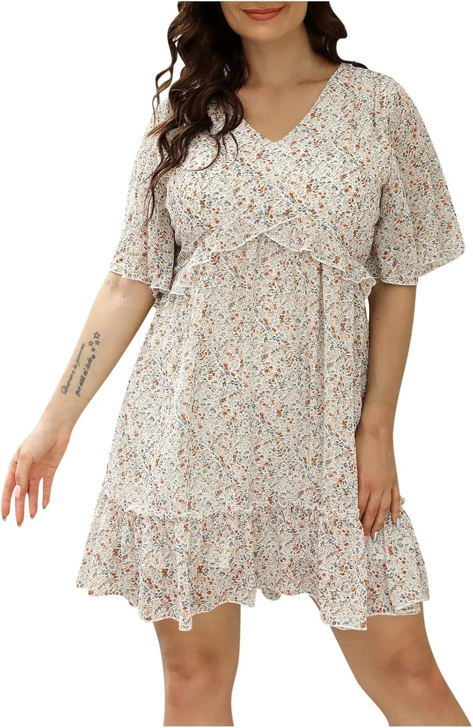 Women's Plus Size Summer Mini Dress with Ditsy Floral Print Ruffle Detail Floral Print Ruffle Mini Flowy Dress