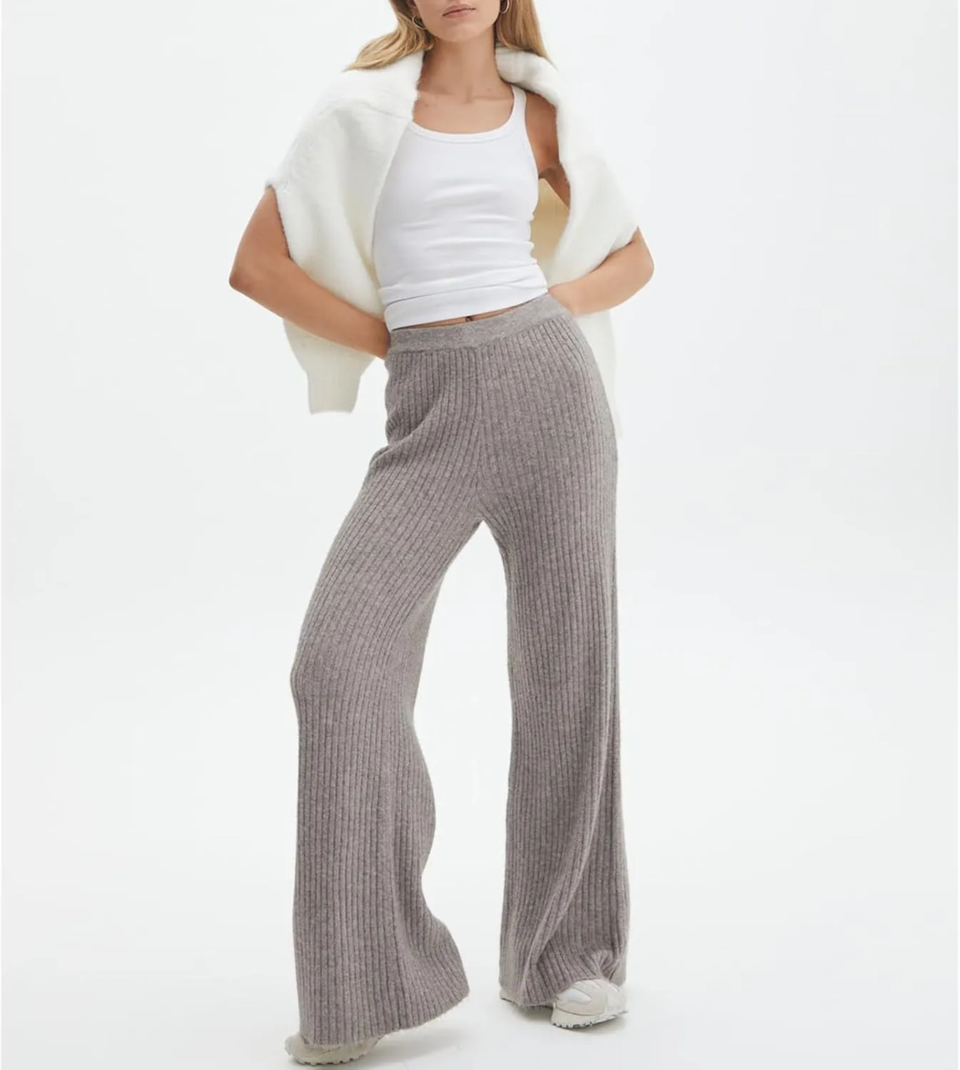 Women's Ribbed Knit Wide Leg Pants Elastic High Waist Straight Leg Palazzo Sweater Pants Loose Fit Trousers