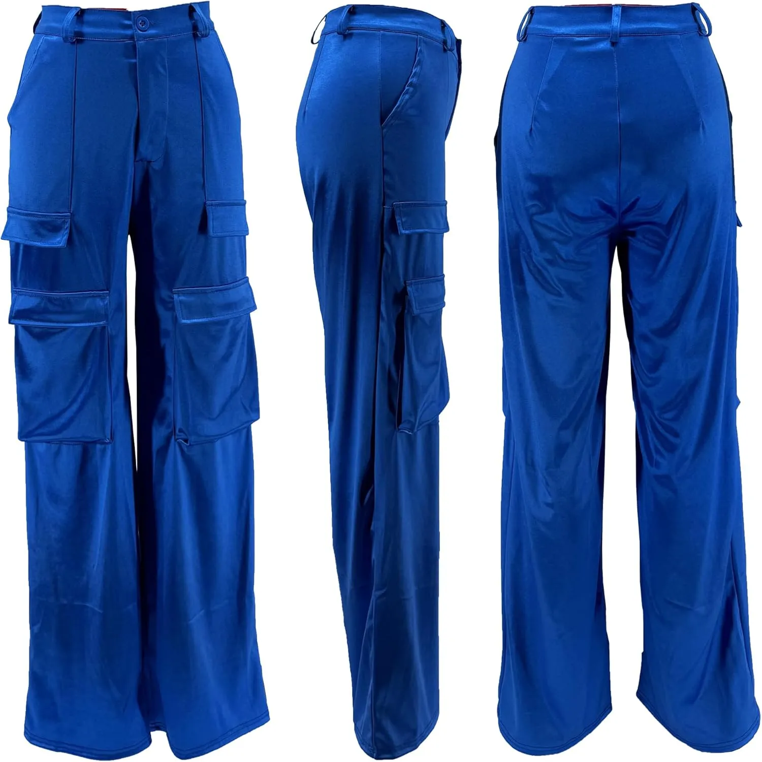Women's Satin Cargo Wide Leg Pants Silky Dressy Relaxed Casual Pocketed Long Trouser