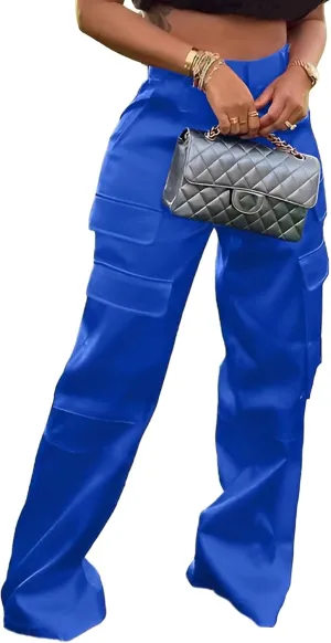 Women's Satin Cargo Wide Leg Pants Silky Dressy Relaxed Casual Pocketed Long Trouser