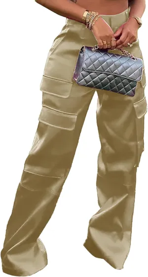 Women's Satin Cargo Wide Leg Pants Silky Dressy Relaxed Casual Pocketed Long Trouser