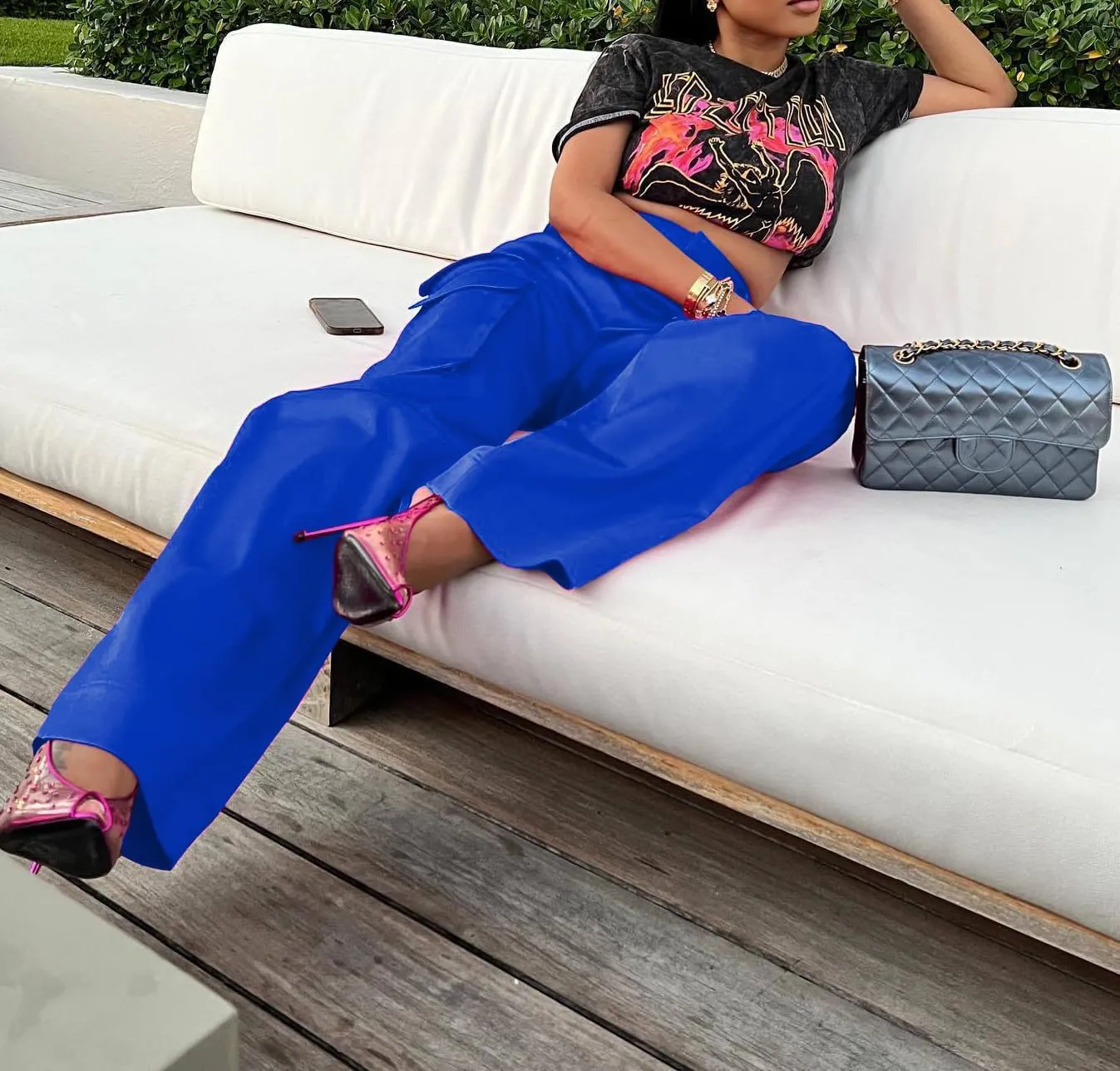 Women's Satin Cargo Wide Leg Pants Silky Dressy Relaxed Casual Pocketed Long Trouser