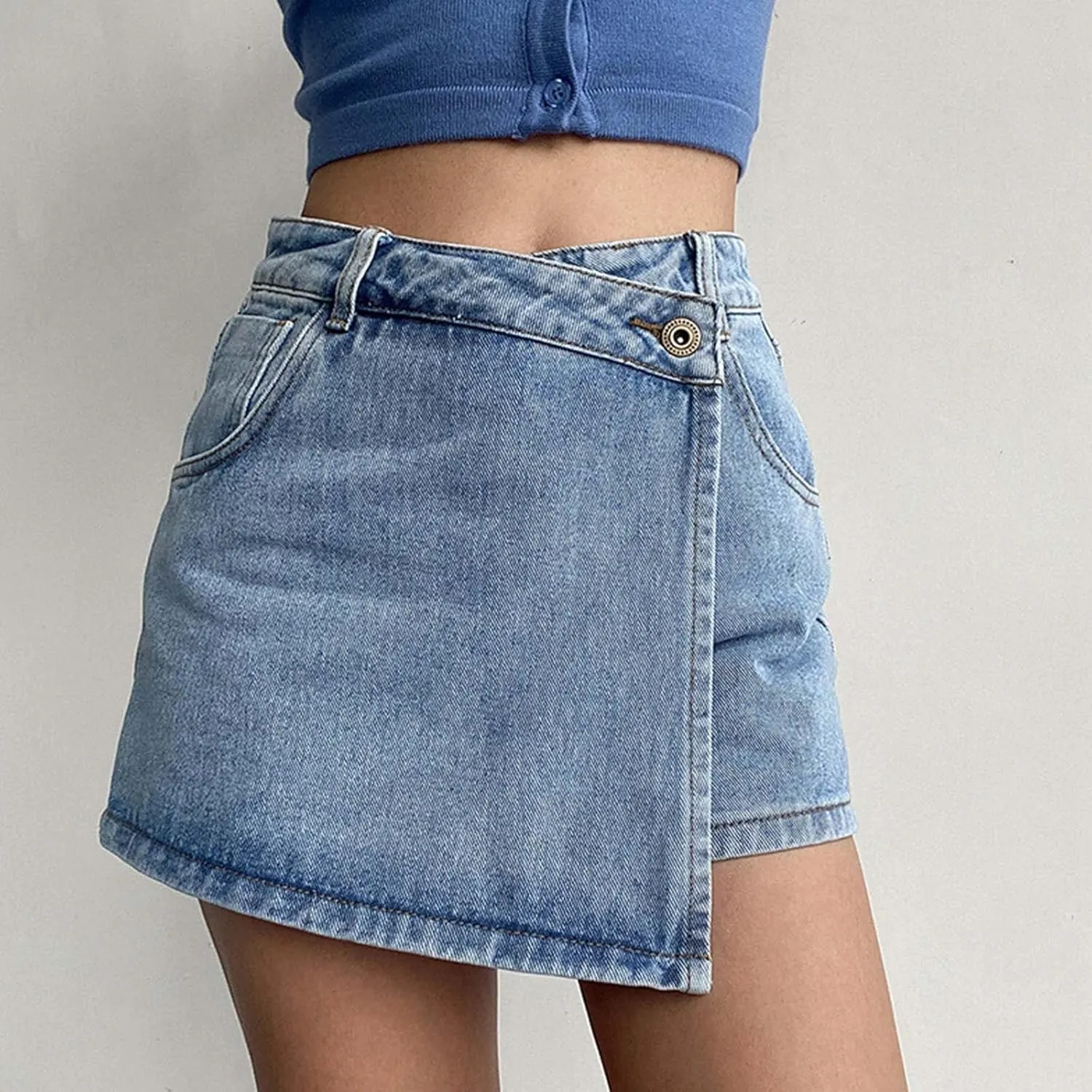 Women's Slimming Jean Skort Summer Trendy 2 in 1 High Waisted A Line Skirts Streetwear Casual Irregular Denim Shorts
