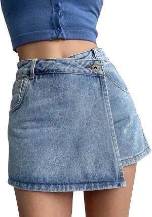 Women's Slimming Jean Skort Summer Trendy 2 in 1 High Waisted A Line Skirts Streetwear Casual Irregular Denim Shorts