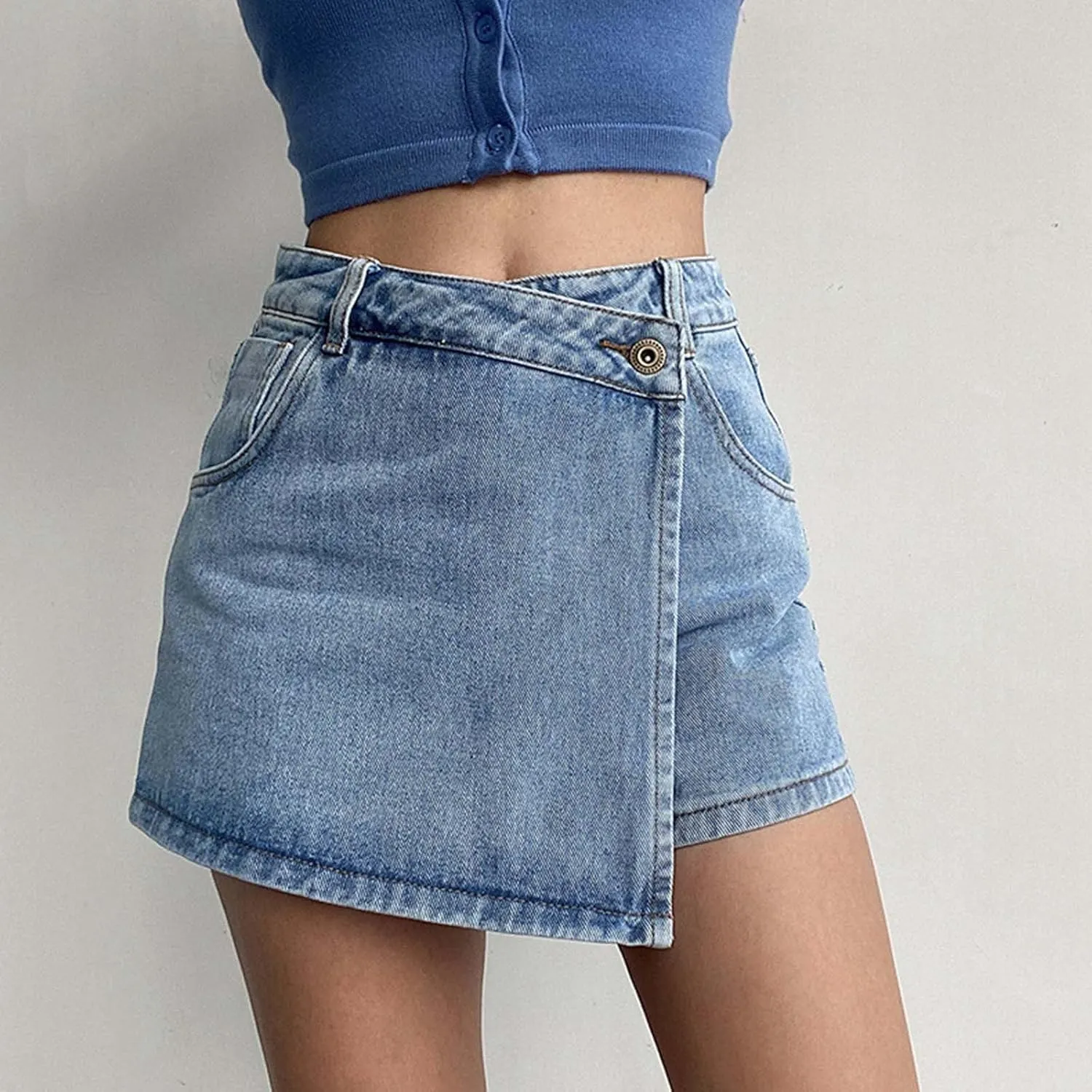 Women's Slimming Jean Skort Summer Trendy 2 in 1 High Waisted A Line Skirts Streetwear Casual Irregular Denim Shorts