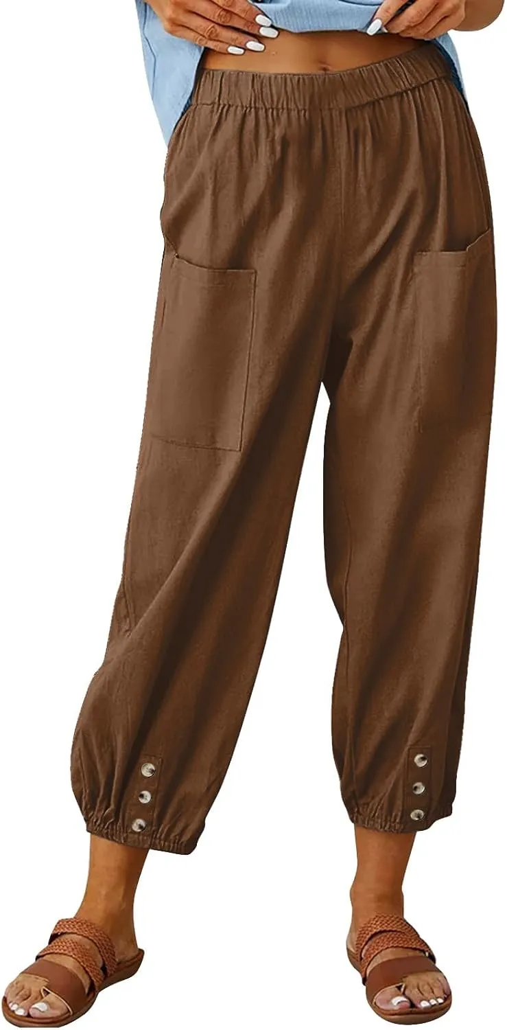 Women's Summer Casual Capri Pants Beach Vacation Lightweight Cotton Linen Pants Cinch Bottom Cropped Trouser
