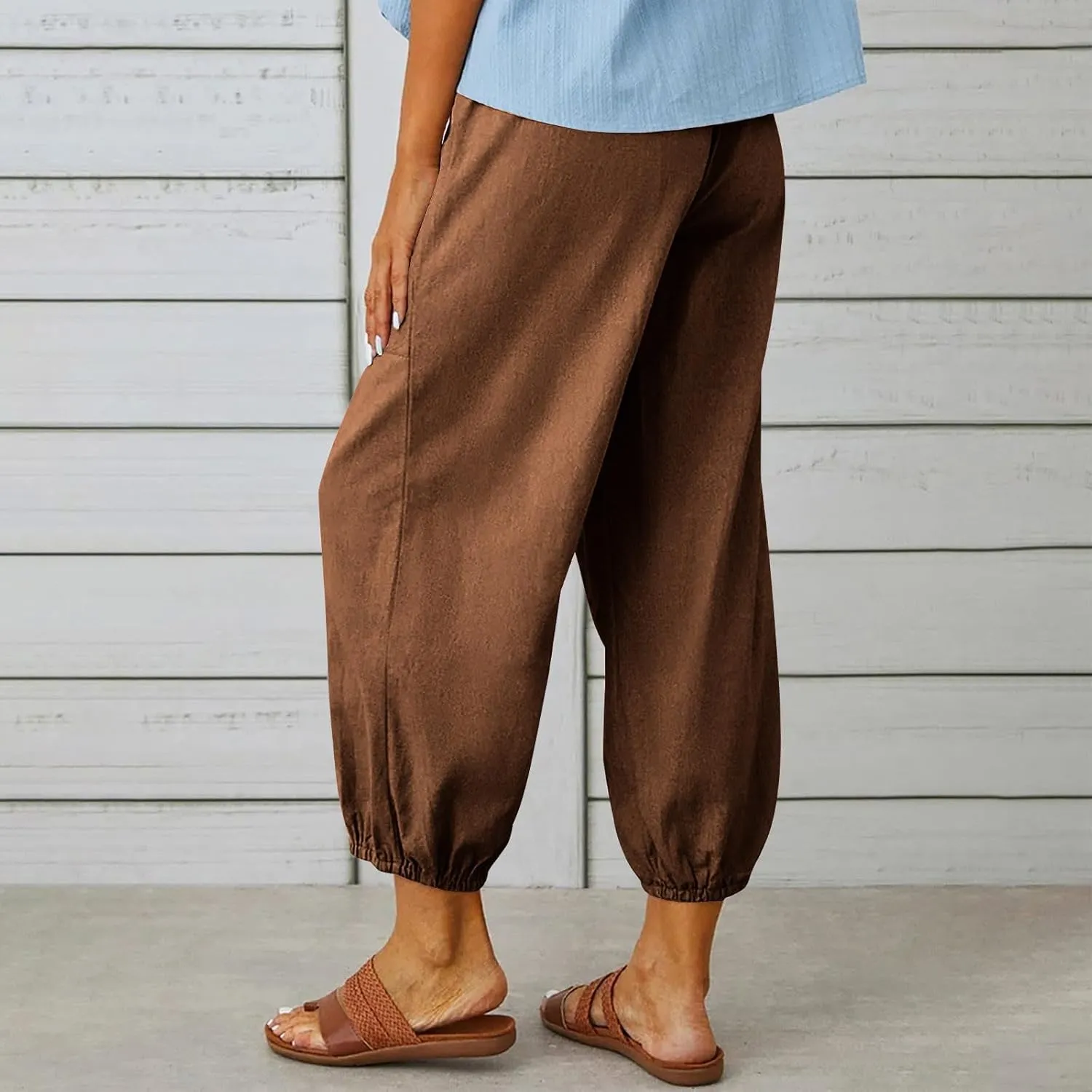Women's Summer Casual Capri Pants Beach Vacation Lightweight Cotton Linen Pants Cinch Bottom Cropped Trouser