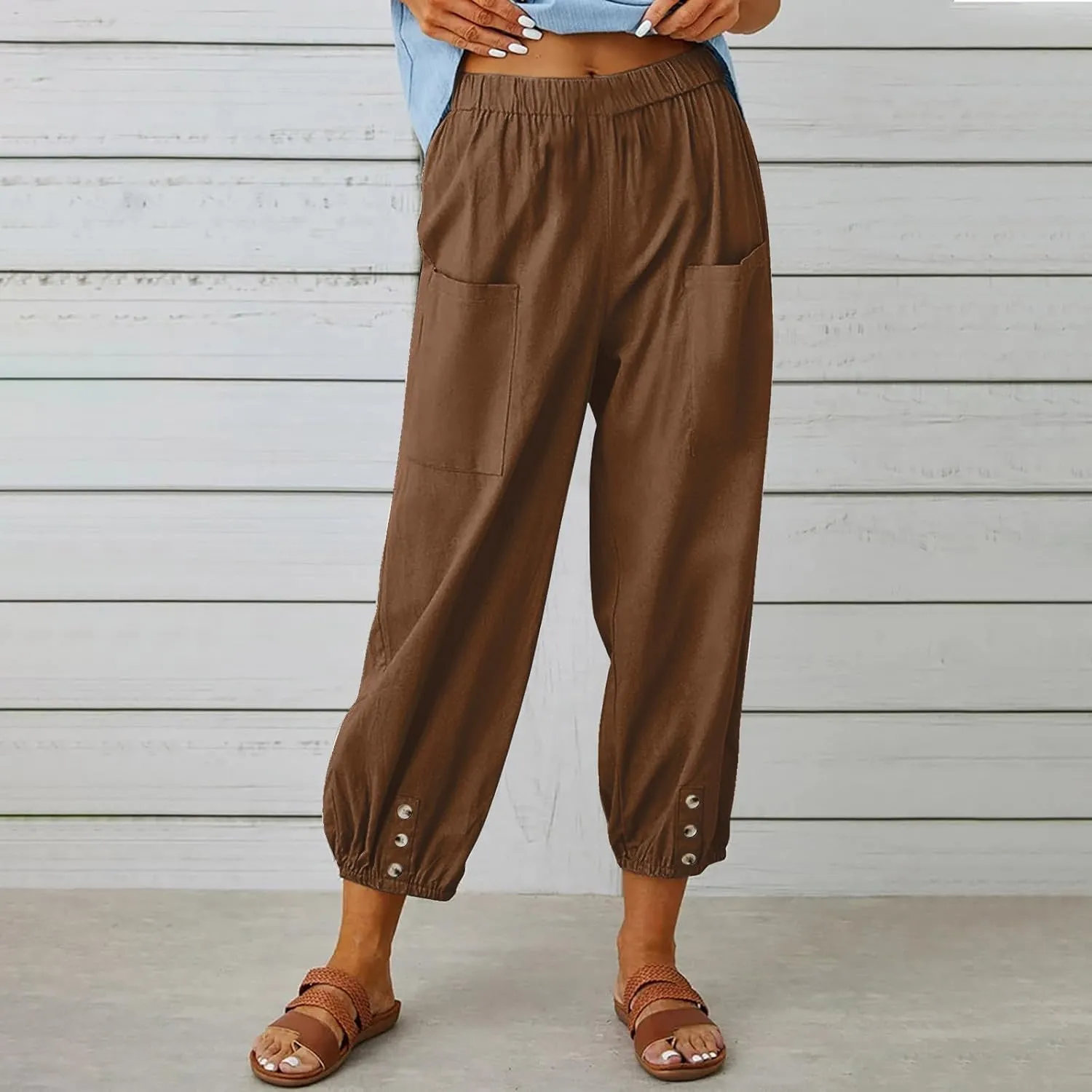 Women's Summer Casual Capri Pants Beach Vacation Lightweight Cotton Linen Pants Cinch Bottom Cropped Trouser