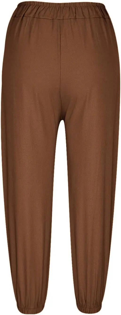 Women's Summer Casual Capri Pants Beach Vacation Lightweight Cotton Linen Pants Cinch Bottom Cropped Trouser