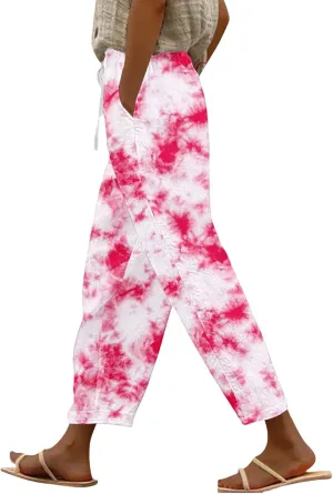 Women's Summer Casual Linen Pants Capri Pants with Pockets Wide Leg Cropped Pants for Women Crop Beach Trousers