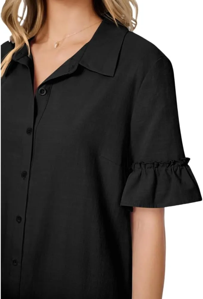 Women's Summer Cotton and Linen Button-Down Shirt Dress, Casual Ruffle Sleeve Straight mini Dress with Pockets