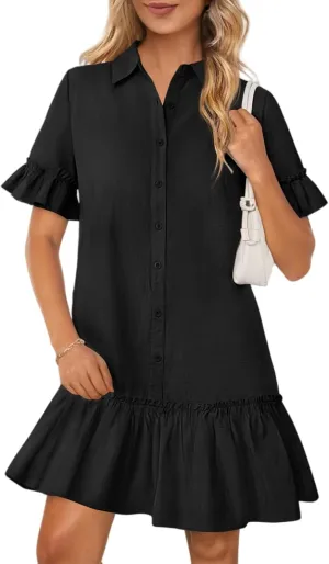 Women's Summer Cotton and Linen Button-Down Shirt Dress, Casual Ruffle Sleeve Straight mini Dress with Pockets