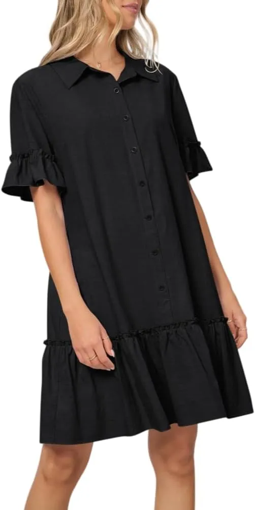Women's Summer Cotton and Linen Button-Down Shirt Dress, Casual Ruffle Sleeve Straight mini Dress with Pockets