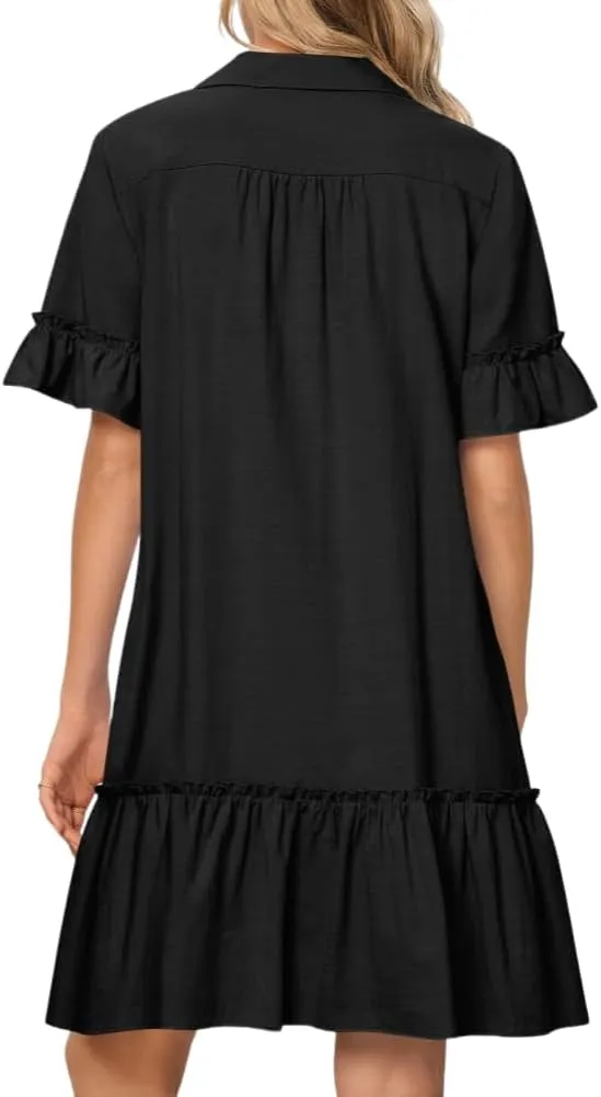 Women's Summer Cotton and Linen Button-Down Shirt Dress, Casual Ruffle Sleeve Straight mini Dress with Pockets