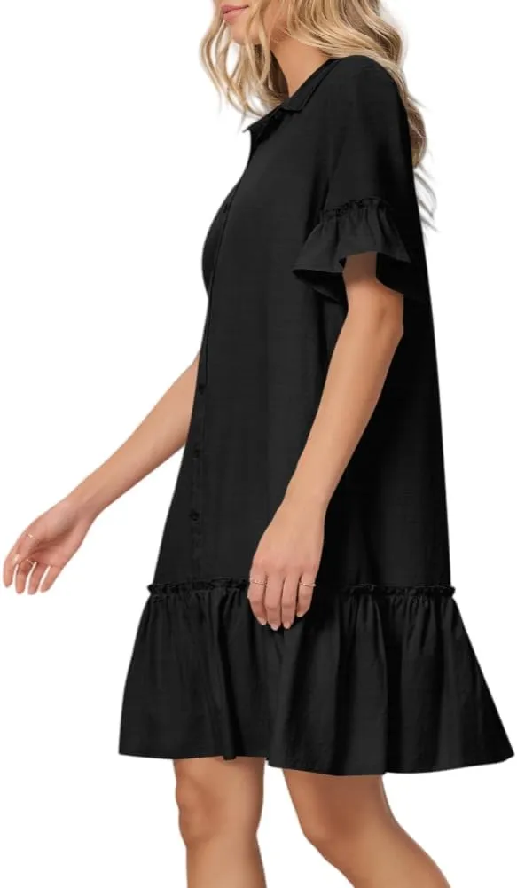 Women's Summer Cotton and Linen Button-Down Shirt Dress, Casual Ruffle Sleeve Straight mini Dress with Pockets