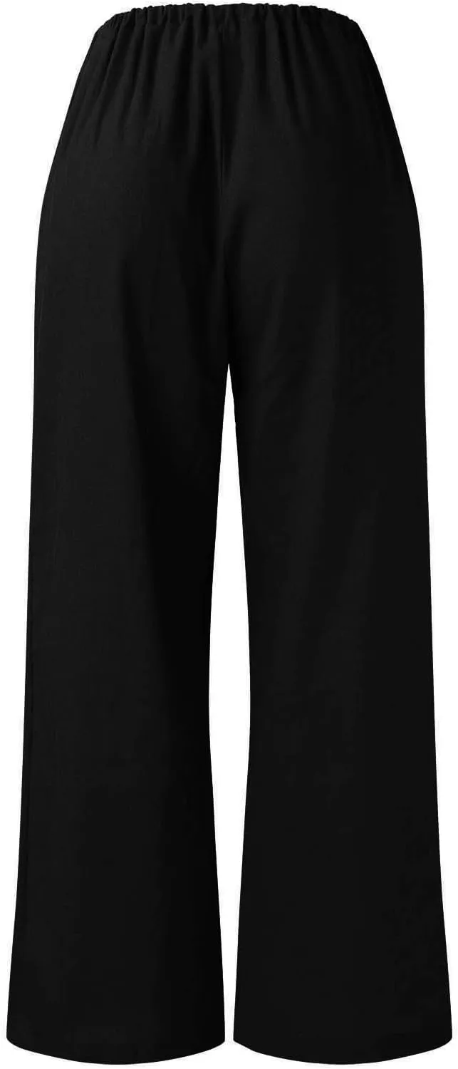 Womens Summer Cotton Linen Casual Trousers Solid Color Wide Leg Loose Pants Drawstring Elastic Waist Comfy
