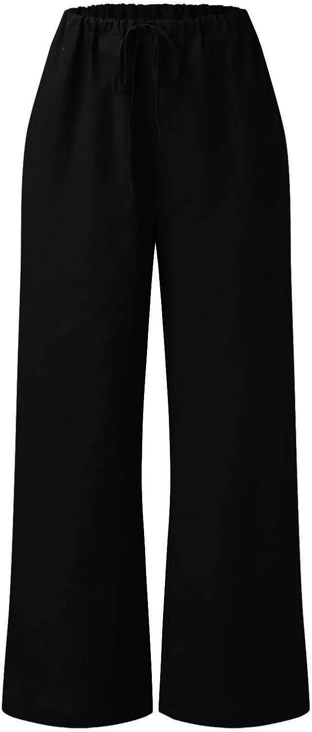 Womens Summer Cotton Linen Casual Trousers Solid Color Wide Leg Loose Pants Drawstring Elastic Waist Comfy