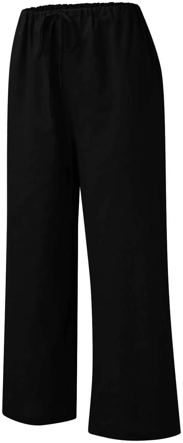 Womens Summer Cotton Linen Casual Trousers Solid Color Wide Leg Loose Pants Drawstring Elastic Waist Comfy
