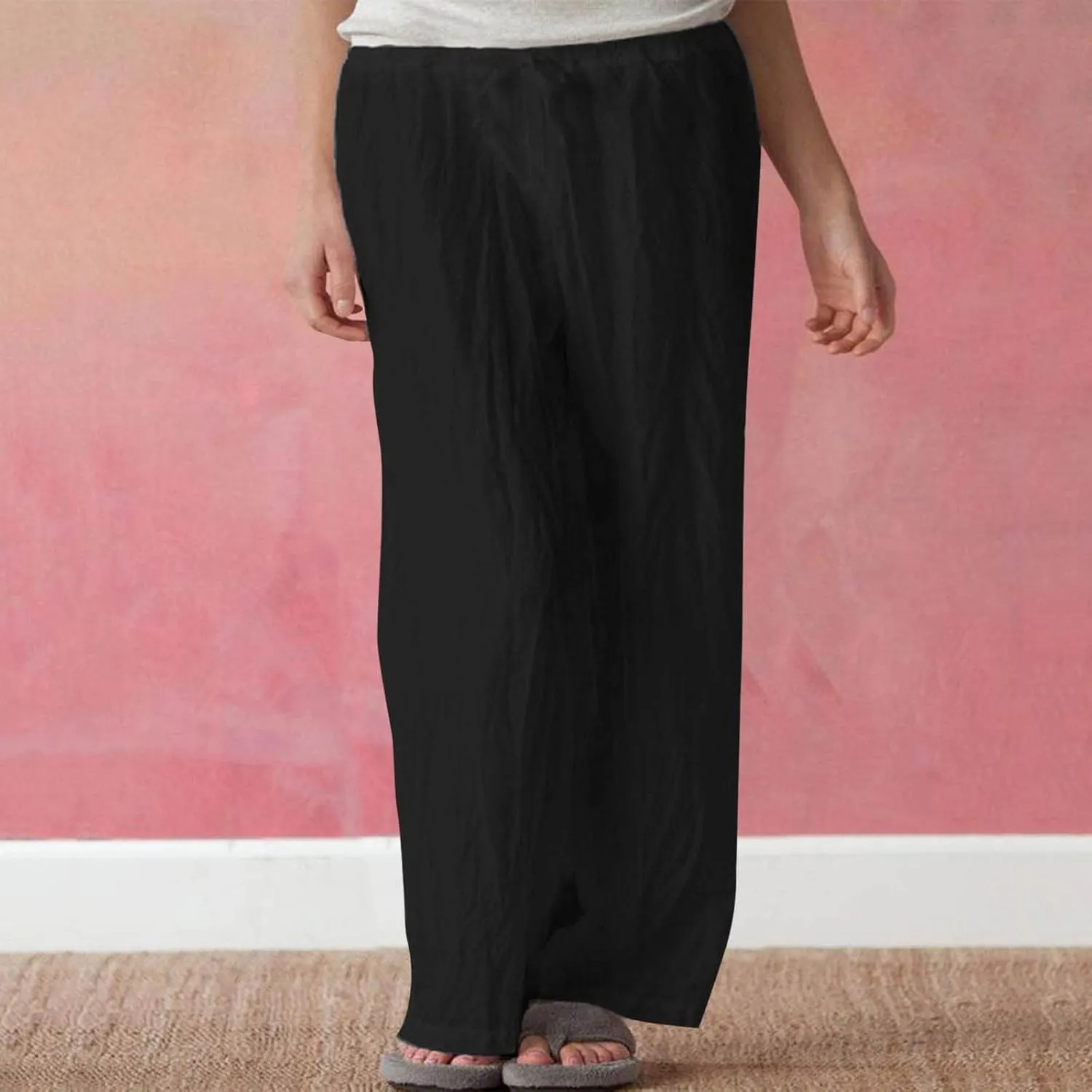 Womens Summer Cotton Linen Casual Trousers Solid Color Wide Leg Loose Pants Drawstring Elastic Waist Comfy