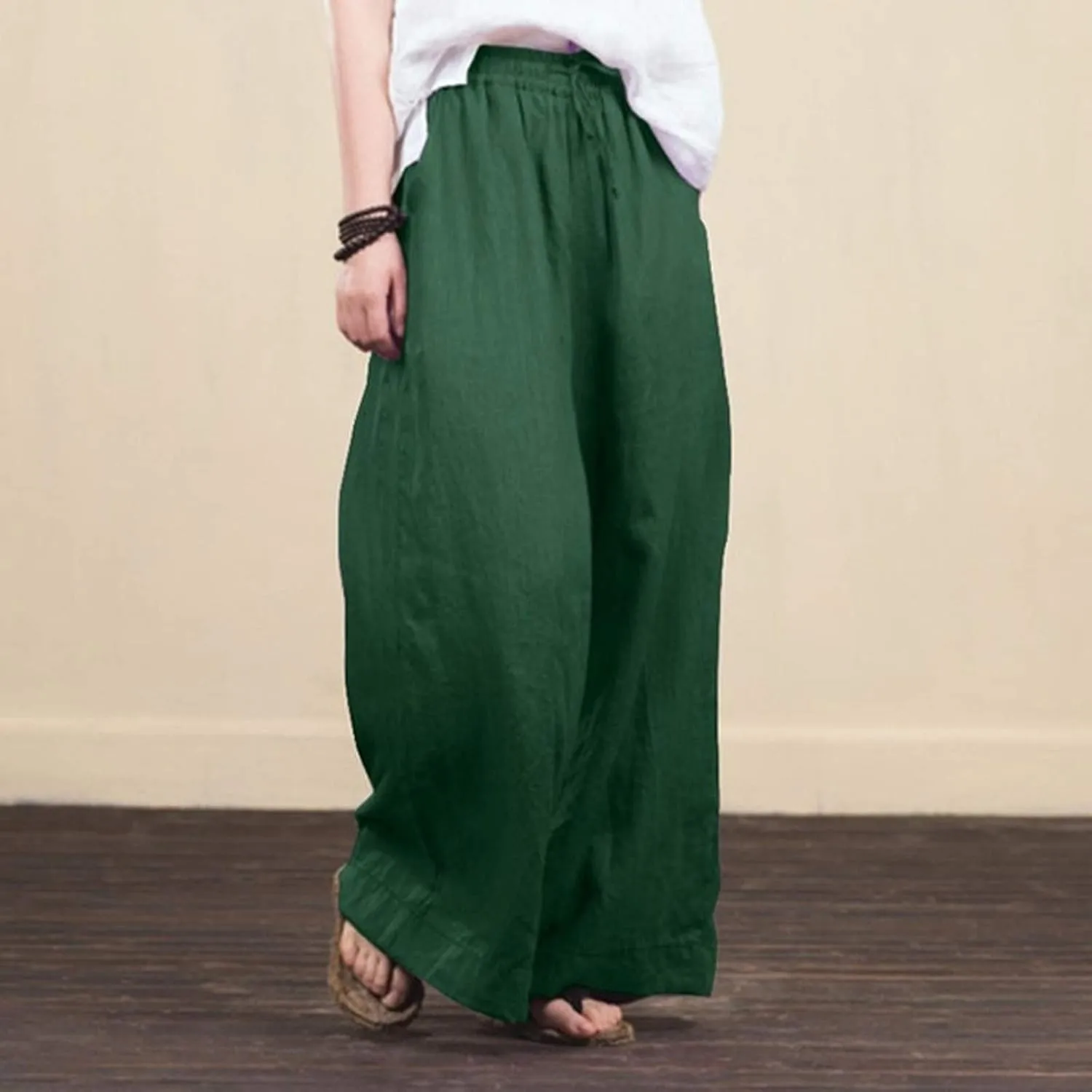 Women's Summer Drawstring Waist Wide Leg Loose Cotton Linen Palazzo Pants High Waisted 2025 Summer Lounge Trouser