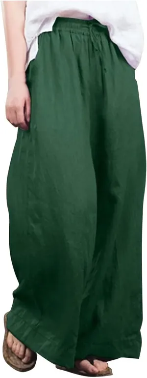 Women's Summer Drawstring Waist Wide Leg Loose Cotton Linen Palazzo Pants High Waisted 2025 Summer Lounge Trouser