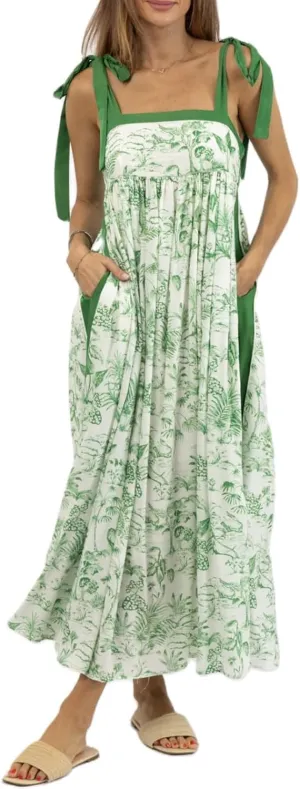Women's Summer Floral Smocked Flowy Shoulder Tie Dress Boho Tie Shoulder Long Dress Y2k Ruffle Causal Beach Vacation Sundress