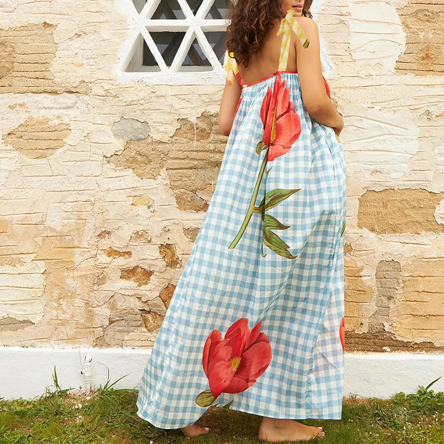 Women's Summer Floral Smocked Flowy Shoulder Tie Dress Boho Tie Shoulder Long Dress Y2k Ruffle Causal Beach Vacation Sundress