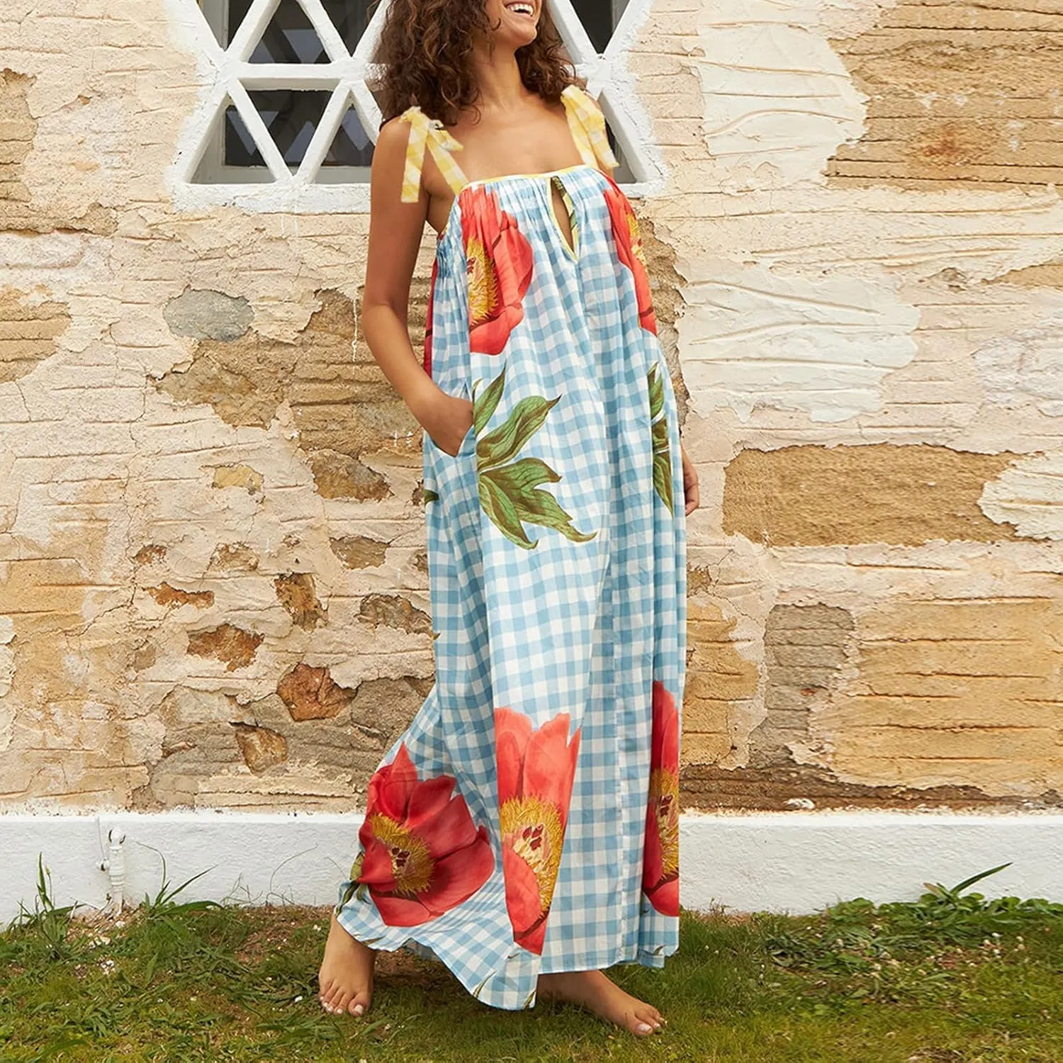 Women's Summer Floral Smocked Flowy Shoulder Tie Dress Boho Tie Shoulder Long Dress Y2k Ruffle Causal Beach Vacation Sundress