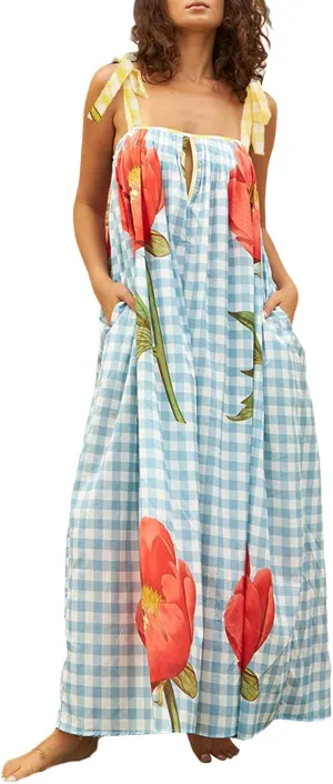 Women's Summer Floral Smocked Flowy Shoulder Tie Dress Boho Tie Shoulder Long Dress Y2k Ruffle Causal Beach Vacation Sundress
