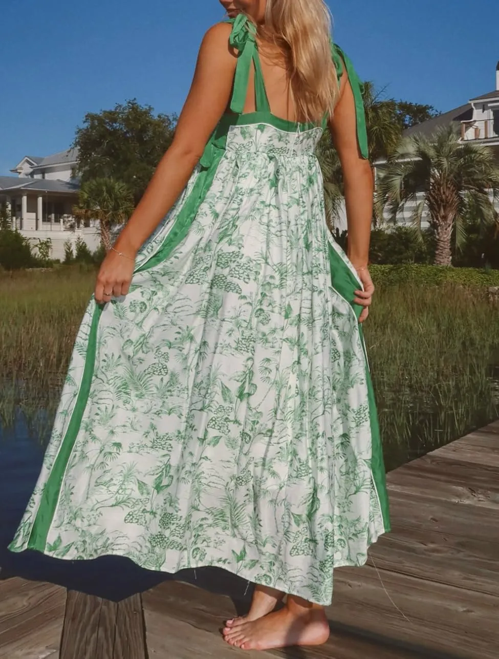 Women's Summer Floral Smocked Flowy Shoulder Tie Dress Boho Tie Shoulder Long Dress Y2k Ruffle Causal Beach Vacation Sundress