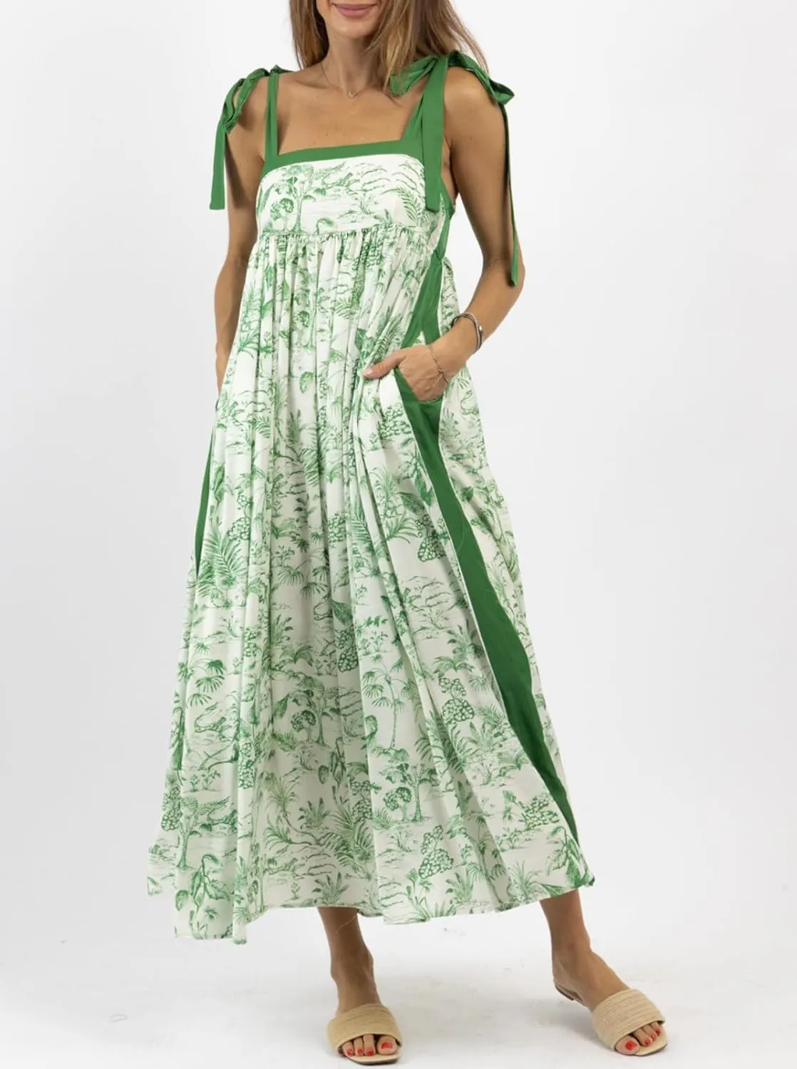 Women's Summer Floral Smocked Flowy Shoulder Tie Dress Boho Tie Shoulder Long Dress Y2k Ruffle Causal Beach Vacation Sundress