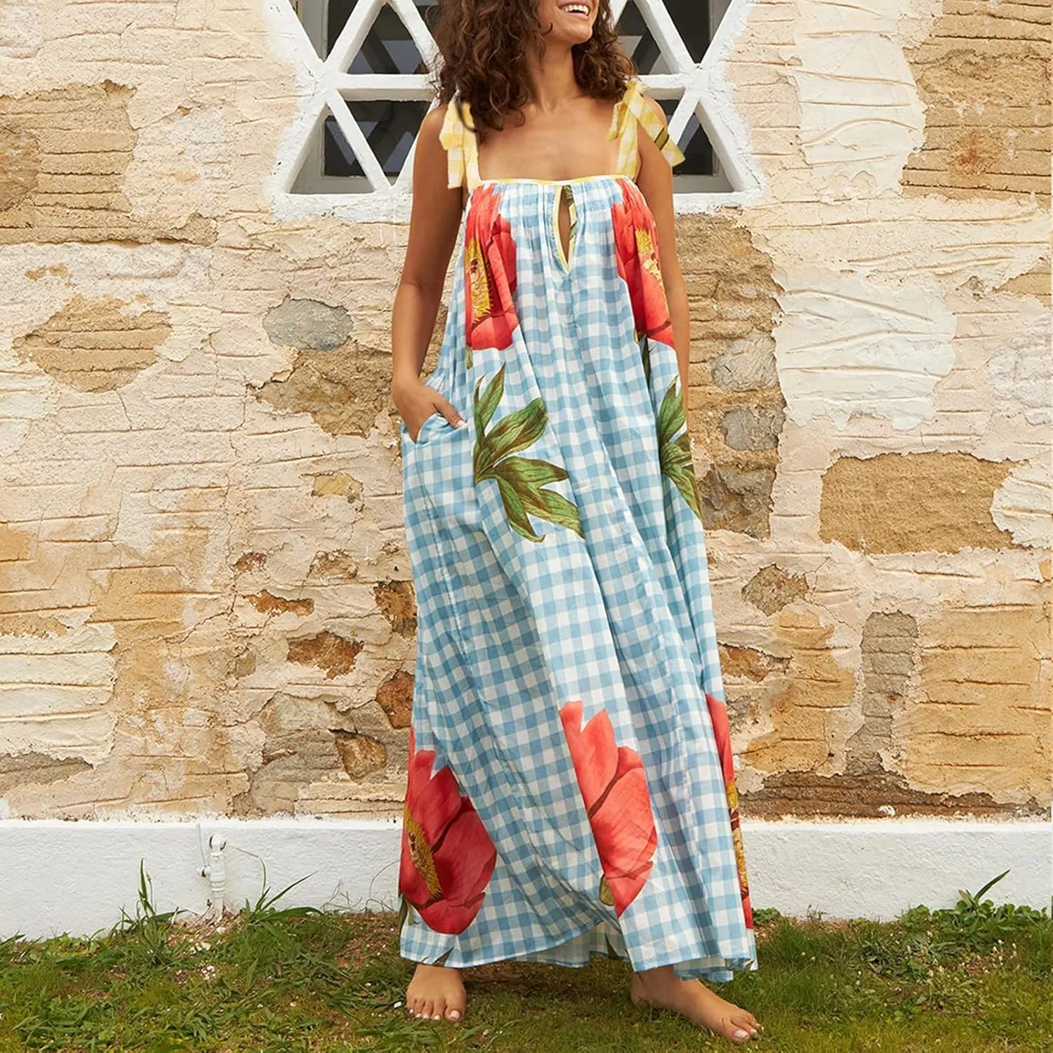 Women's Summer Floral Smocked Flowy Shoulder Tie Dress Boho Tie Shoulder Long Dress Y2k Ruffle Causal Beach Vacation Sundress