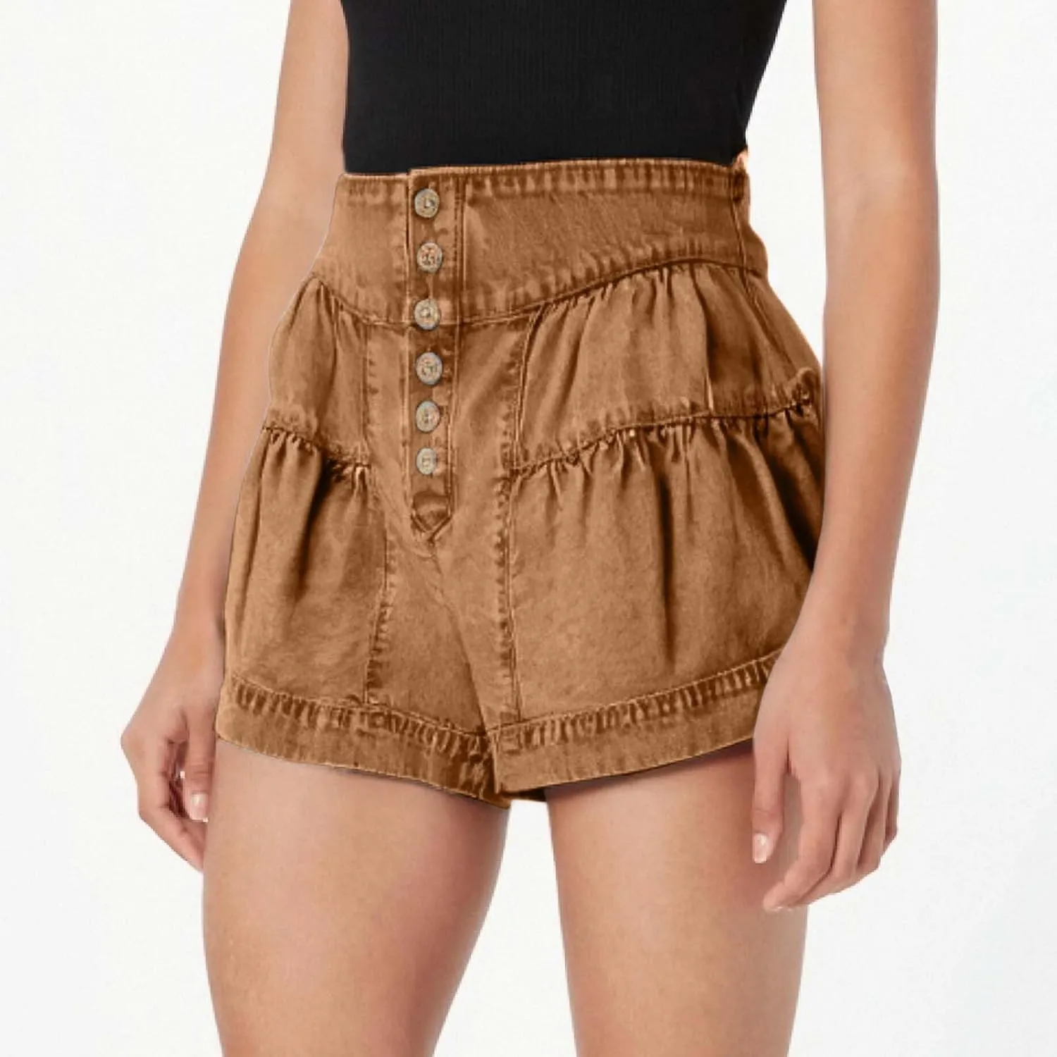 Womens Summer Flowy Jean Short Button Up High Waisted Wide Leg Denim Skort Pleated Ruffle Stretchy Short with Pockets